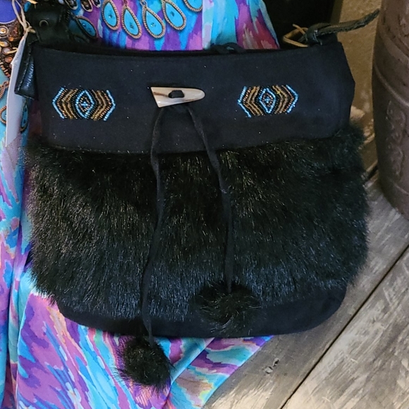 NWOT BO HO BEADED BLACK SUEDE FAUX FUR HANDBAG - Picture 13 of 16